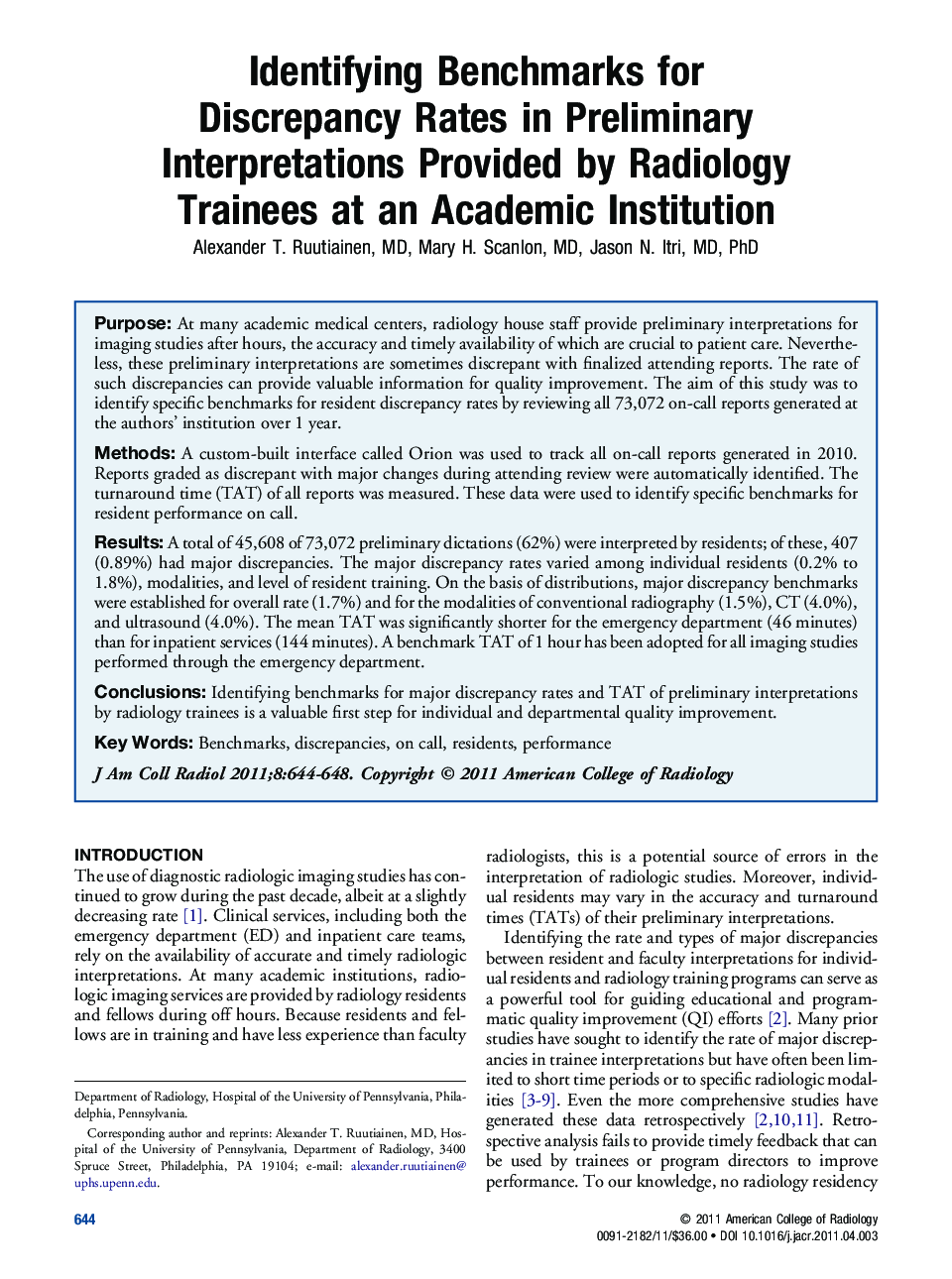 Identifying Benchmarks for Discrepancy Rates in Preliminary Interpretations Provided by Radiology Trainees at an Academic Institution