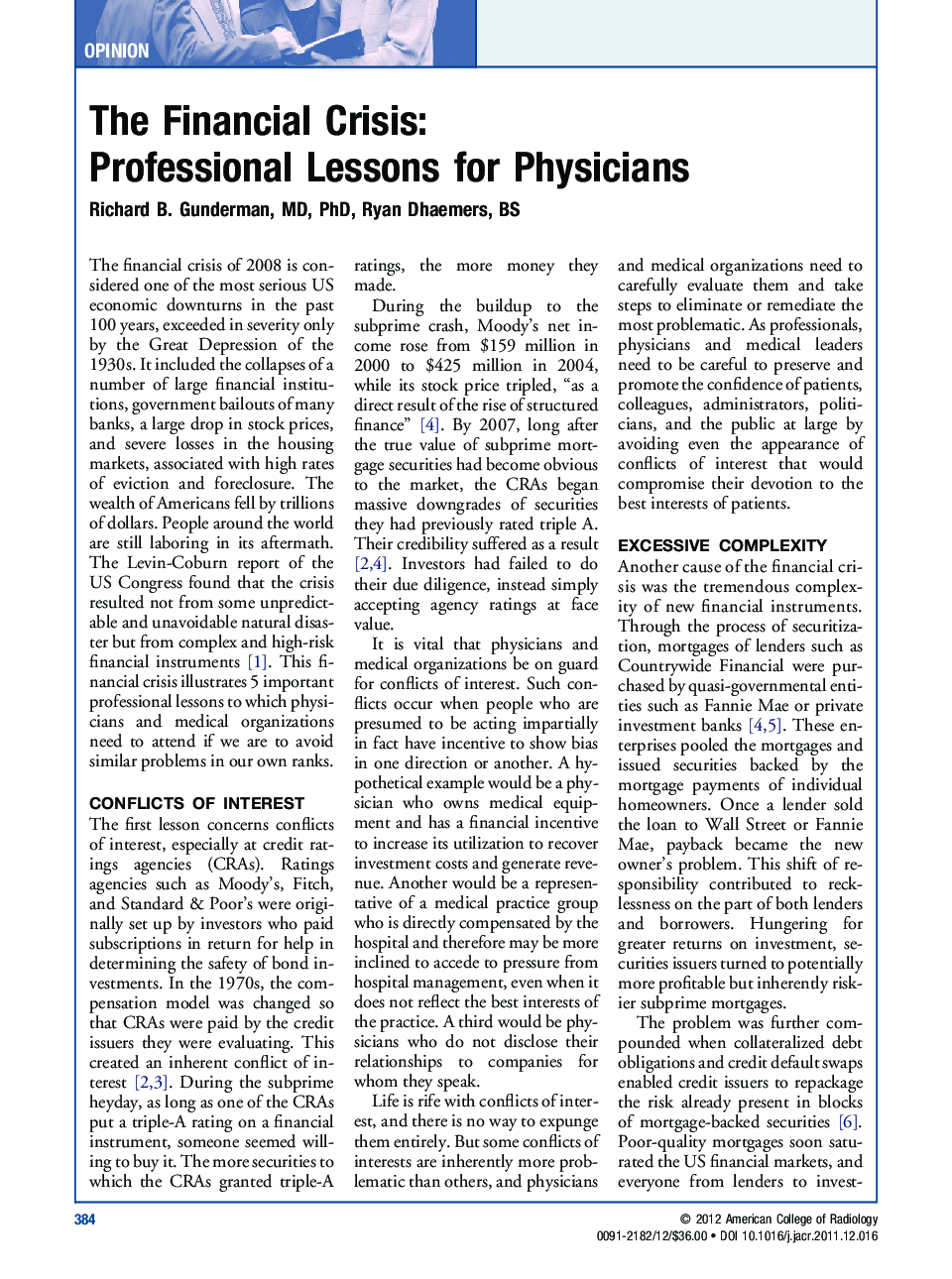 The Financial Crisis: Professional Lessons for Physicians