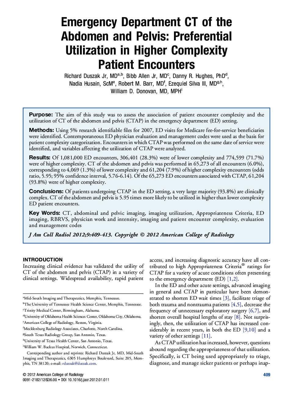 Emergency Department CT of the Abdomen and Pelvis: Preferential Utilization in Higher Complexity Patient Encounters