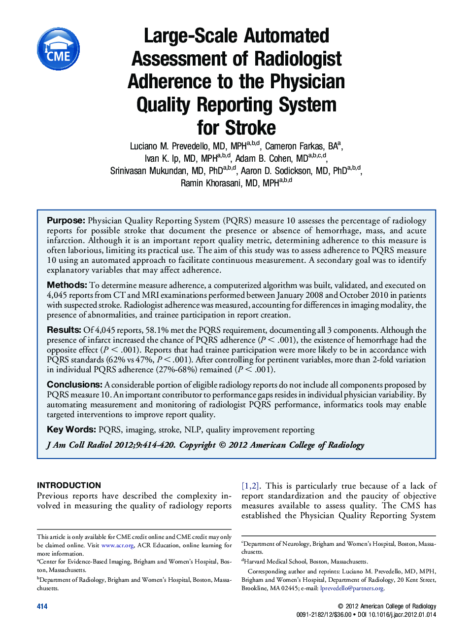 Large-Scale Automated Assessment of Radiologist Adherence to the Physician Quality Reporting System for Stroke