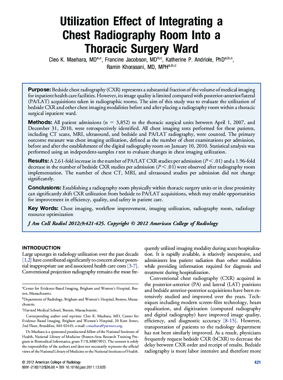 Utilization Effect of Integrating a Chest Radiography Room Into a Thoracic Surgery Ward