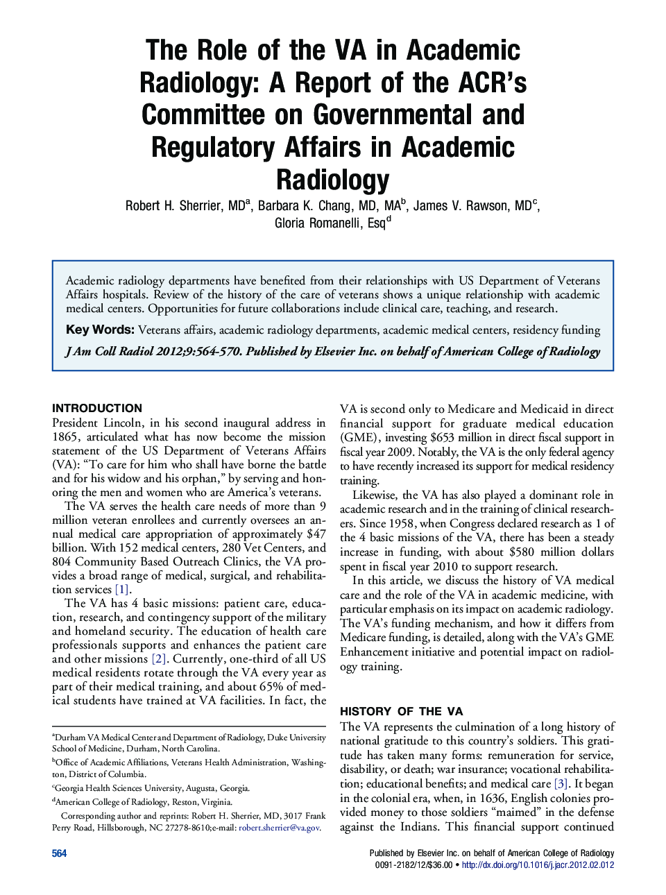 The Role of the VA in Academic Radiology: A Report of the ACR's Committee on Governmental and Regulatory Affairs in Academic Radiology