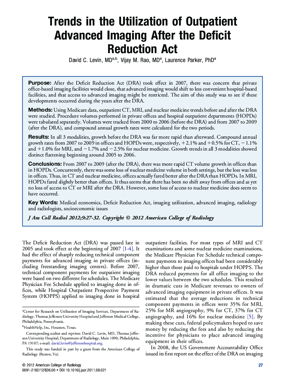 Trends in the Utilization of Outpatient Advanced Imaging After the Deficit Reduction Act