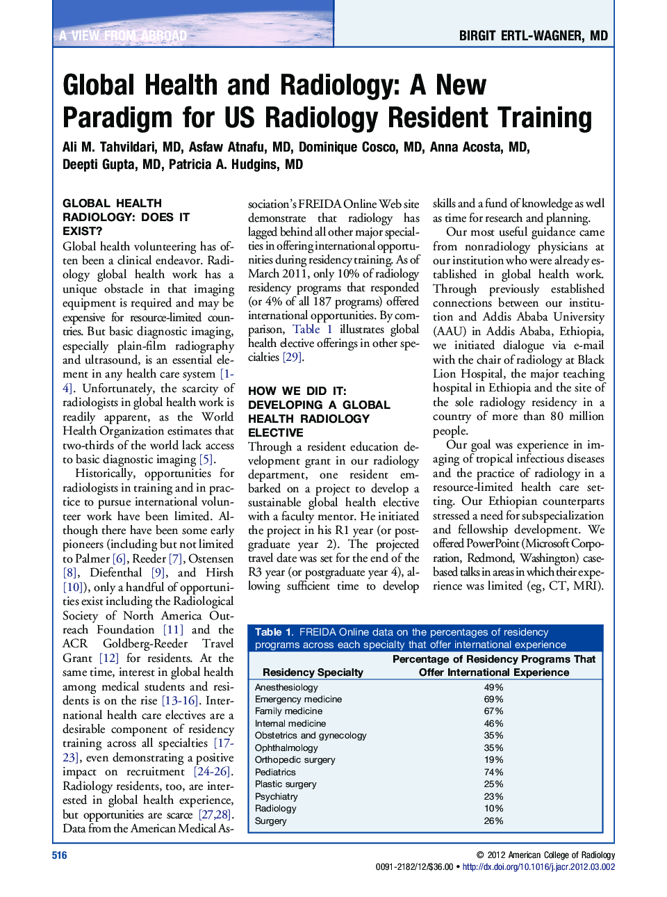 Global Health and Radiology: A New Paradigm for US Radiology Resident Training