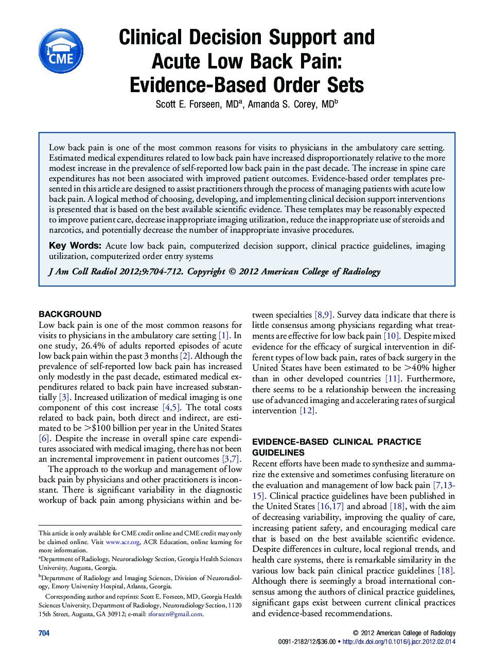 Clinical Decision Support and Acute Low Back Pain: Evidence-Based Order Sets