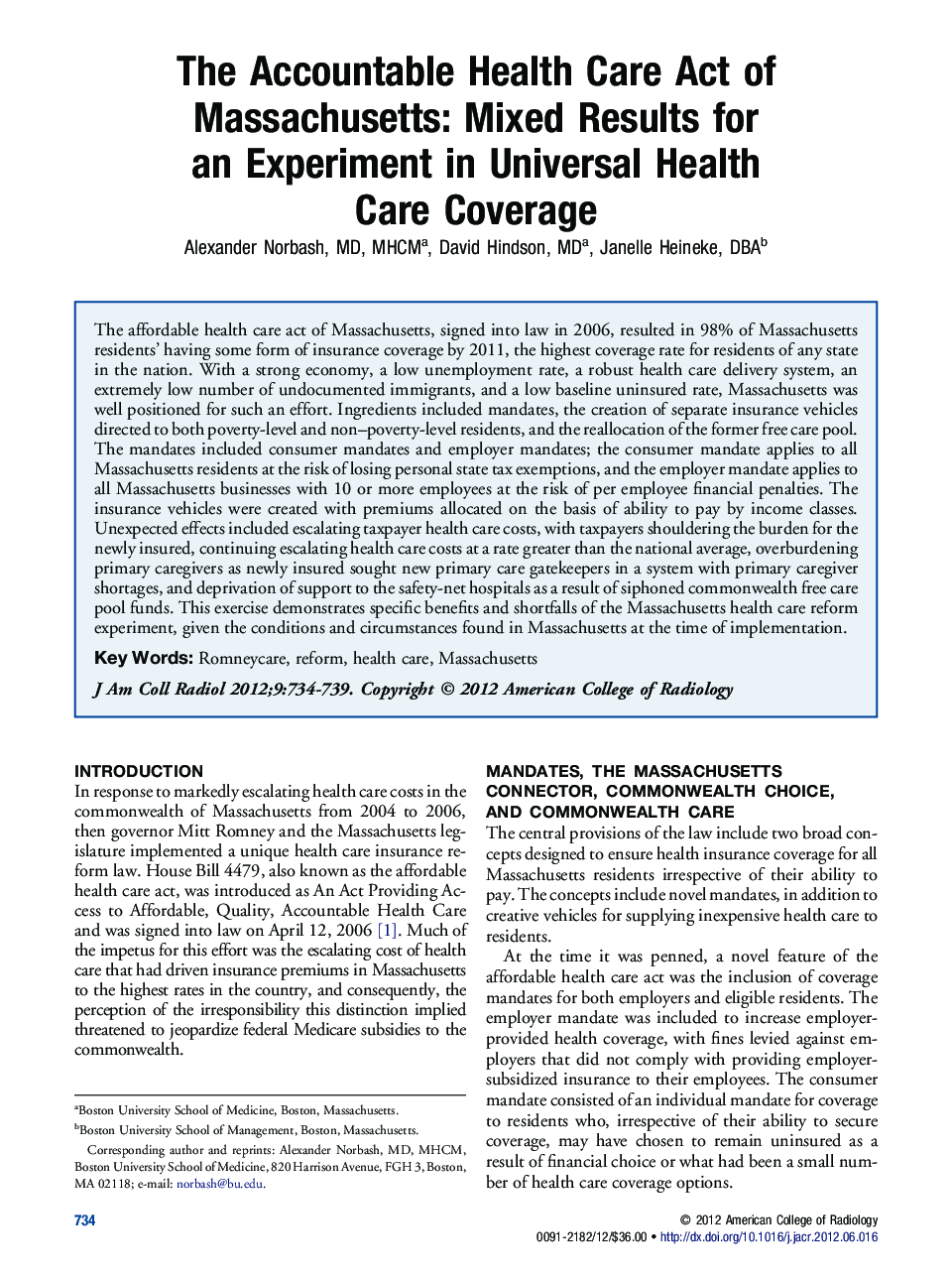 The Accountable Health Care Act of Massachusetts: Mixed Results for an Experiment in Universal Health Care Coverage