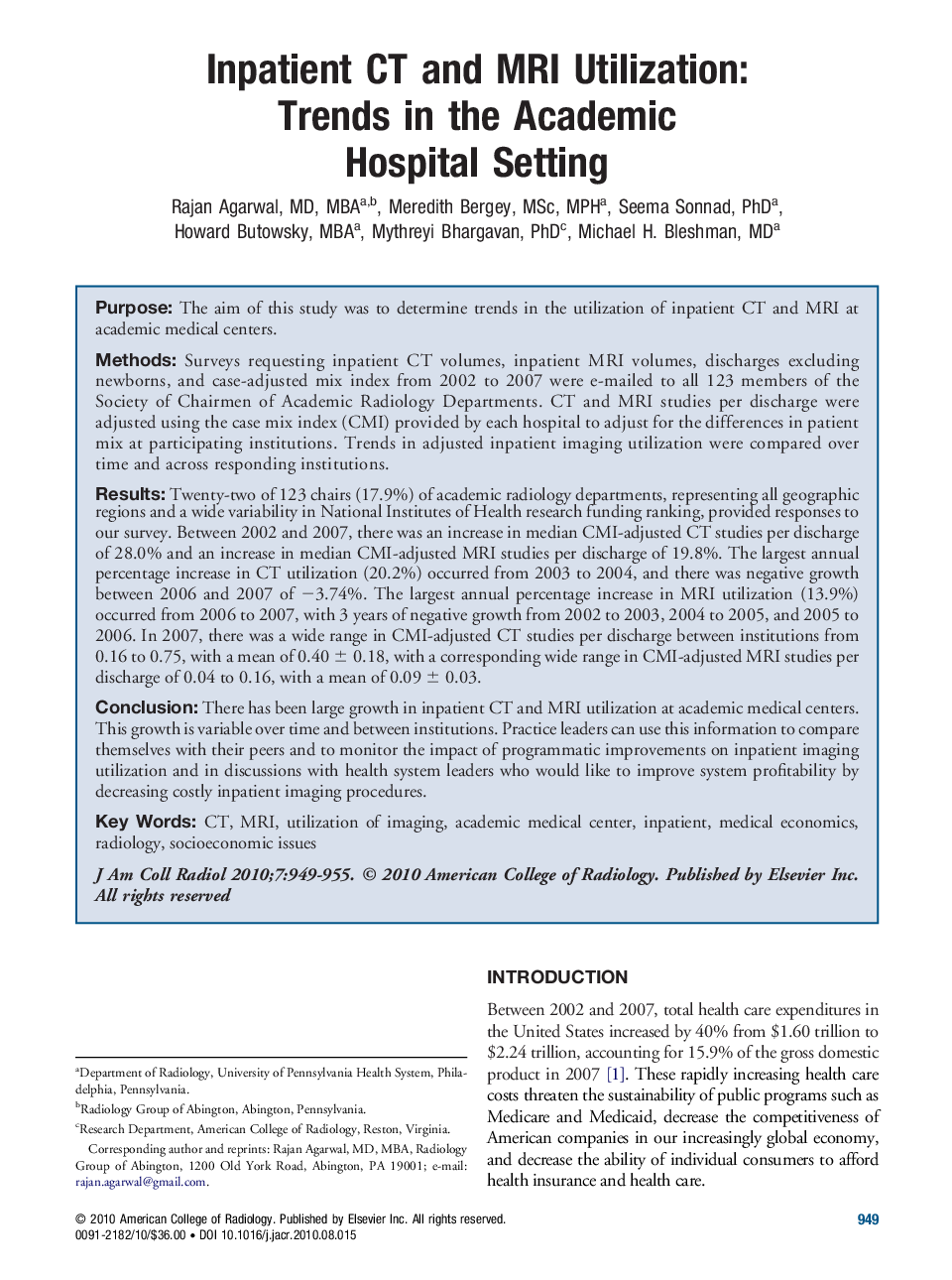 Inpatient CT and MRI Utilization: Trends in the Academic Hospital Setting