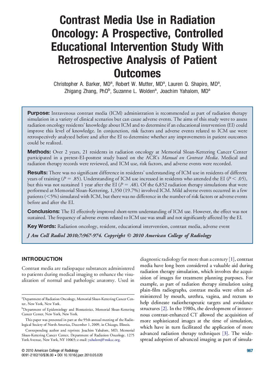 Contrast Media Use in Radiation Oncology: A Prospective, Controlled Educational Intervention Study With Retrospective Analysis of Patient Outcomes