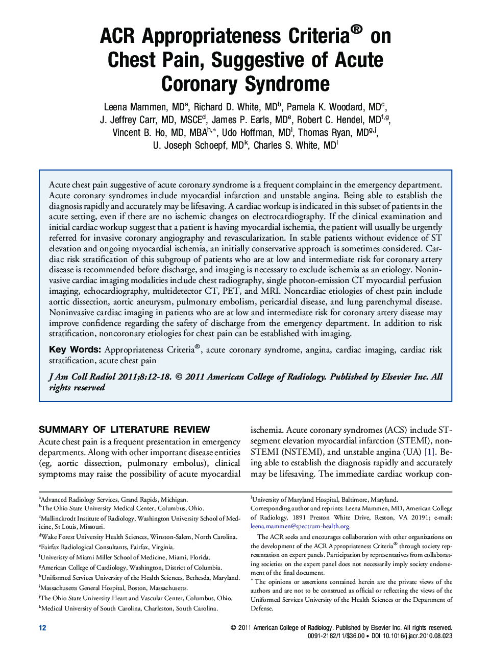 ACR Appropriateness Criteria® on Chest Pain, Suggestive of Acute Coronary Syndrome