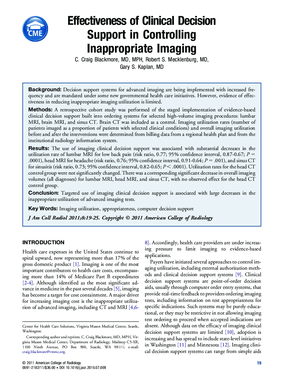 Effectiveness of Clinical Decision Support in Controlling Inappropriate Imaging