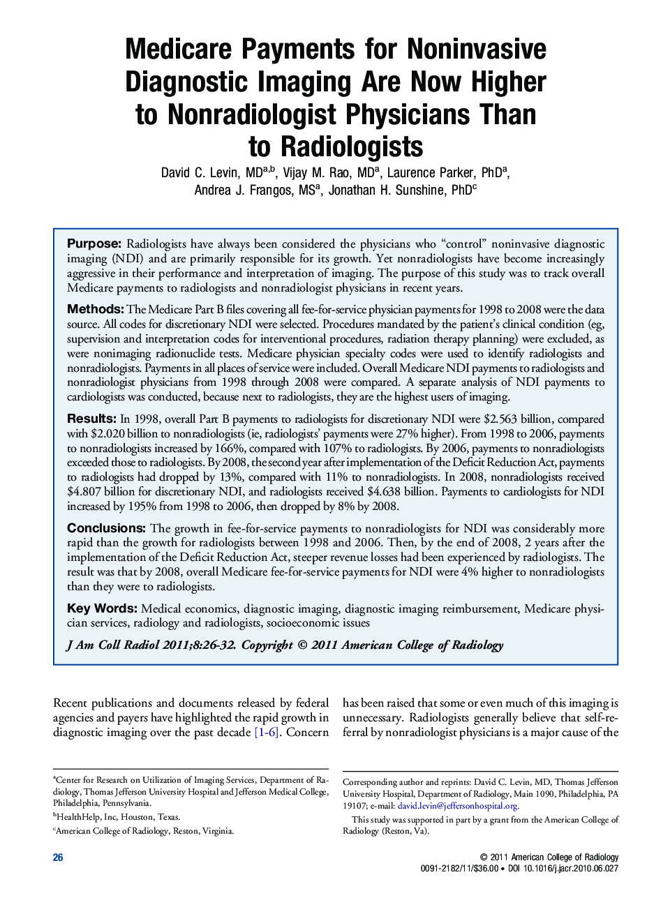 Medicare Payments for Noninvasive Diagnostic Imaging Are Now Higher to Nonradiologist Physicians Than to Radiologists