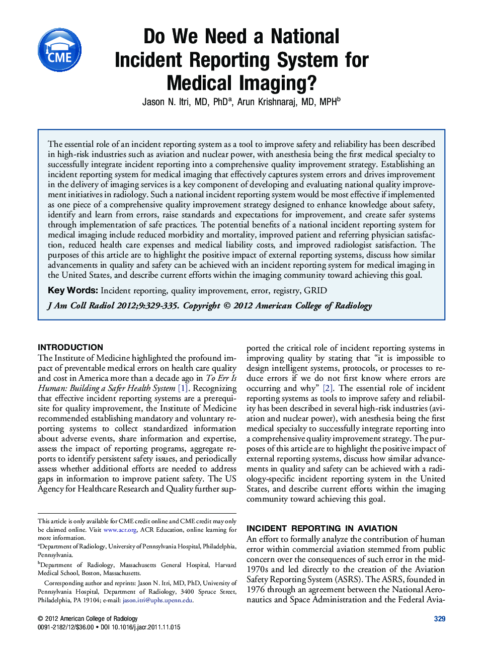 Do We Need a National Incident Reporting System for Medical Imaging?