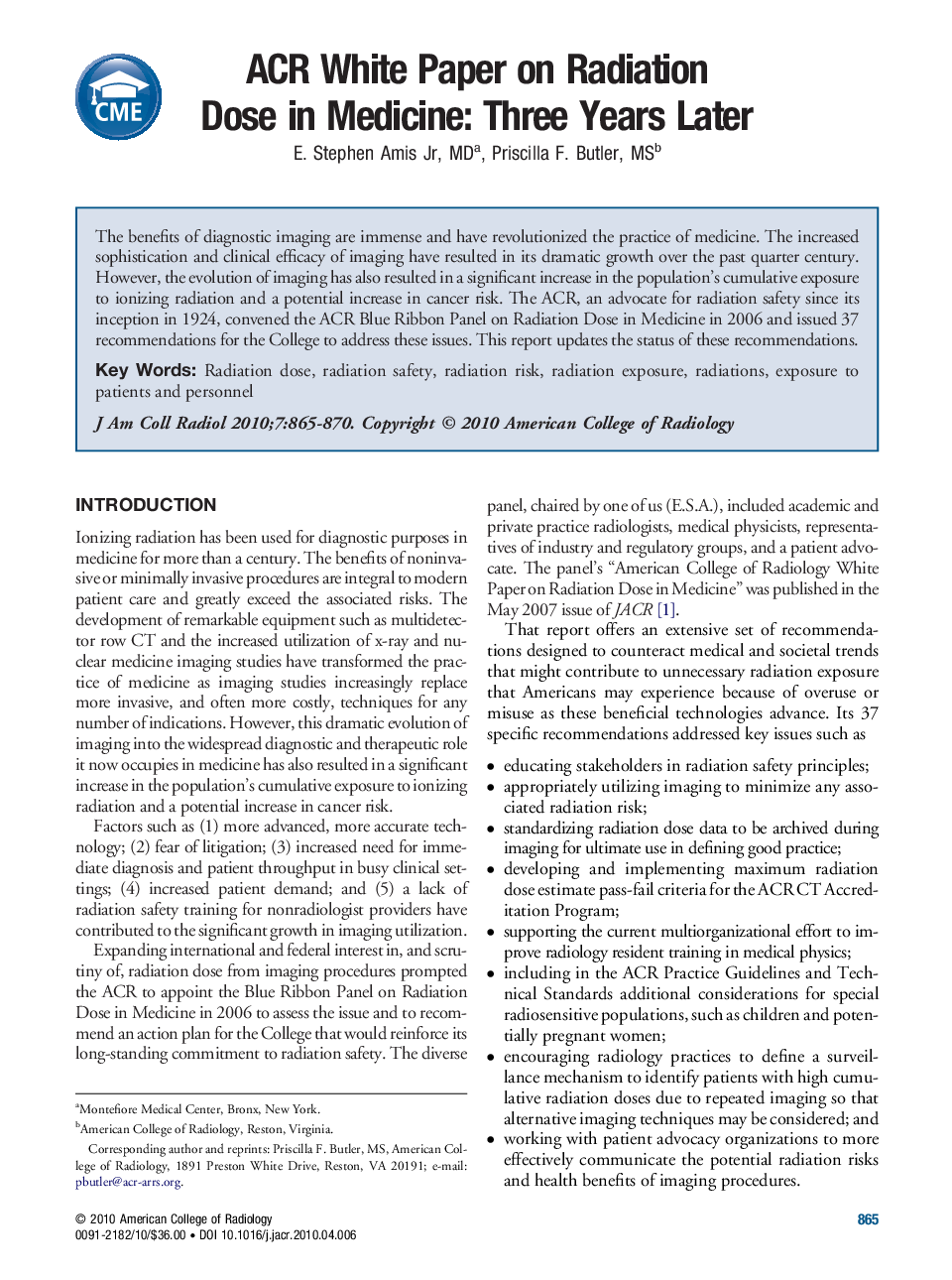 ACR White Paper on Radiation Dose in Medicine: Three Years Later