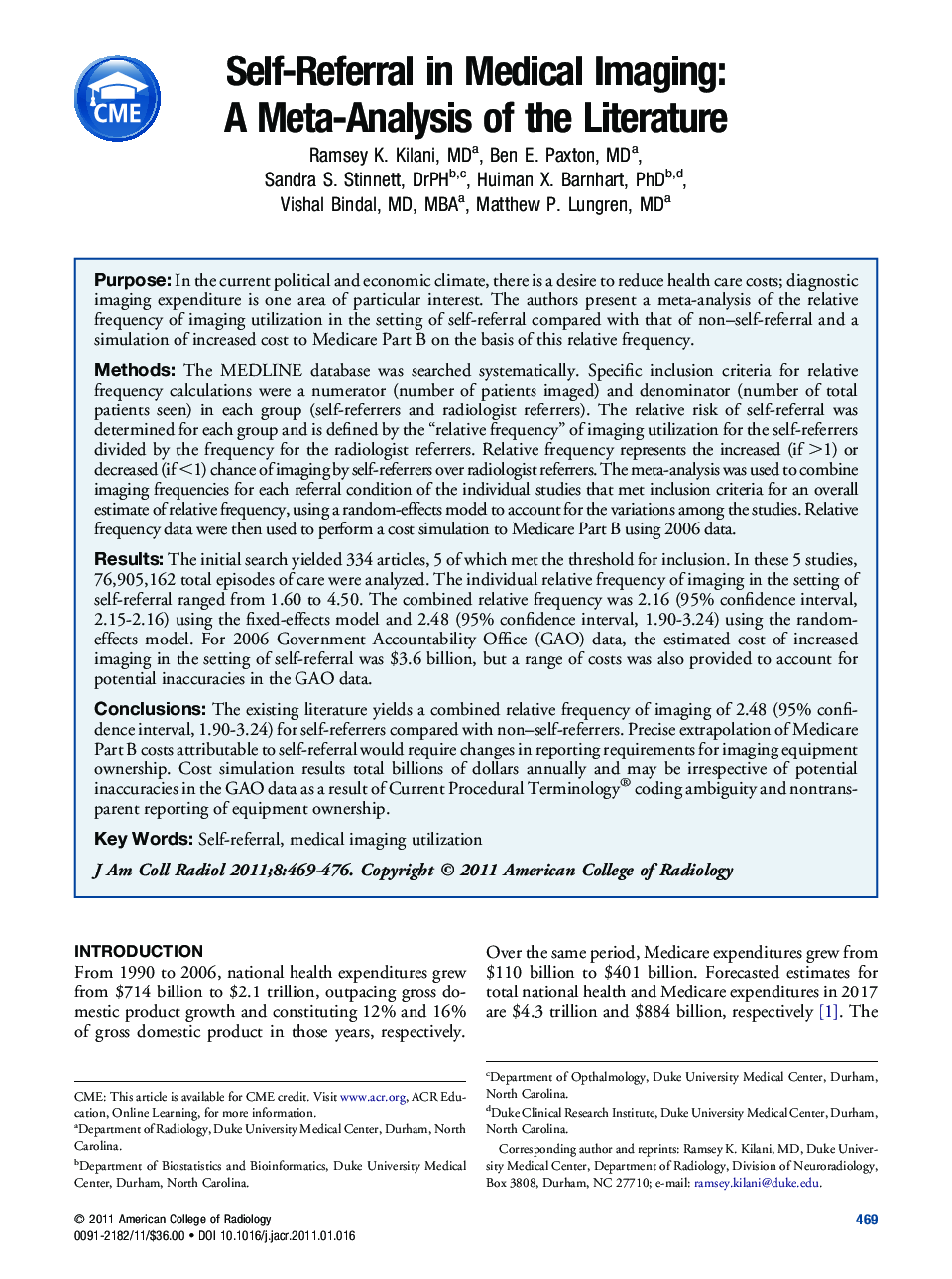 Self-Referral in Medical Imaging: A Meta-Analysis of the Literature