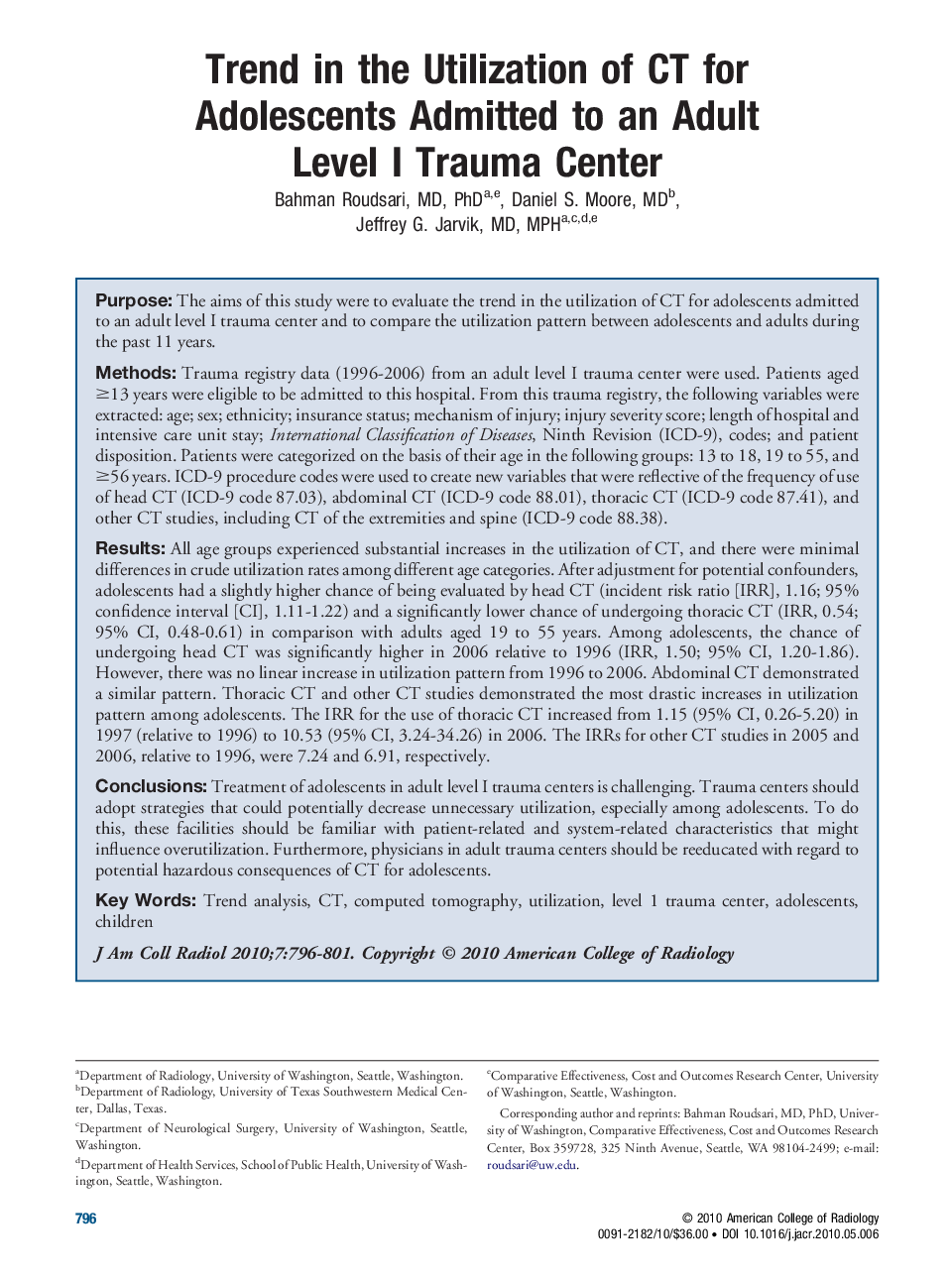 Trend in the Utilization of CT for Adolescents Admitted to an Adult Level I Trauma Center