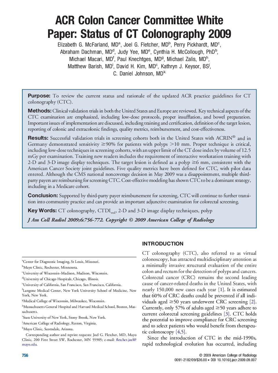 ACR Colon Cancer Committee White Paper: Status of CT Colonography 2009