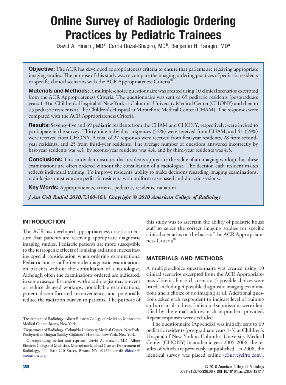 Online Survey of Radiologic Ordering Practices by Pediatric Trainees