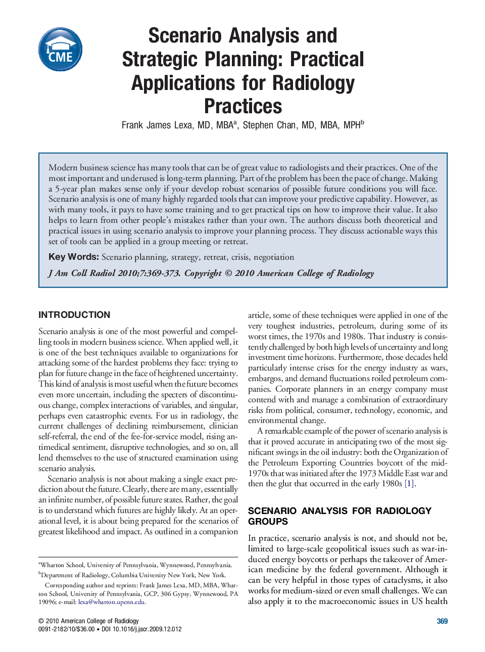 Scenario Analysis and Strategic Planning: Practical Applications for Radiology Practices