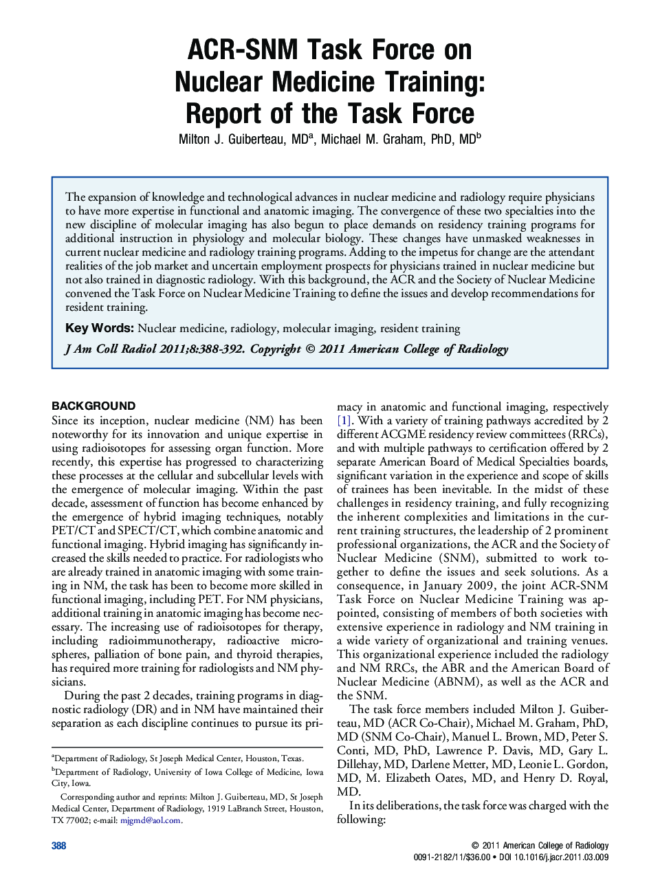 ACR-SNM Task Force on Nuclear Medicine Training: Report of the Task Force
