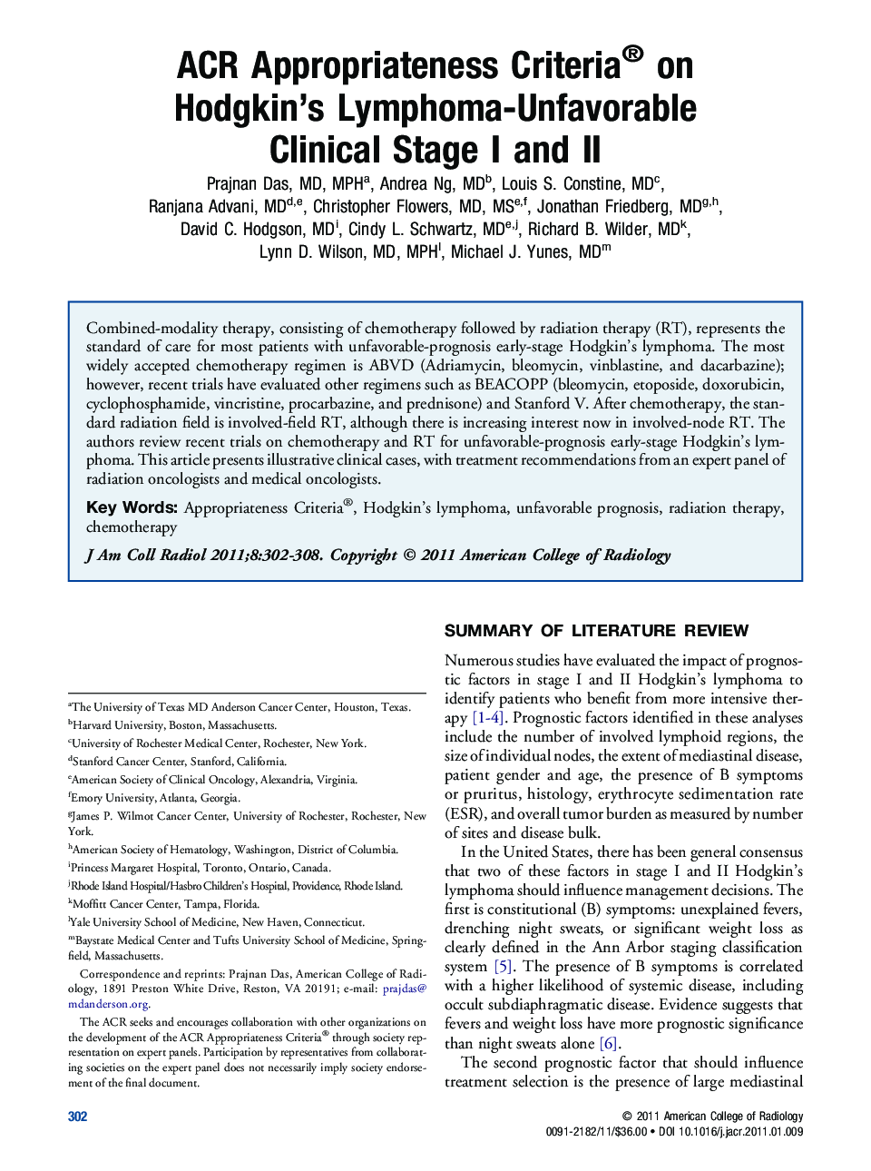 ACR Appropriateness Criteria® on Hodgkin's Lymphoma-Unfavorable Clinical Stage I and II