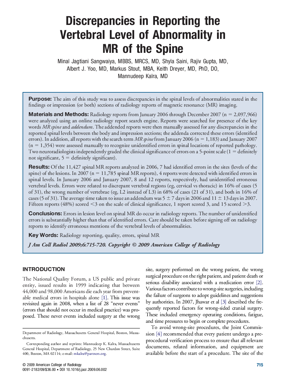 Discrepancies in Reporting the Vertebral Level of Abnormality in MR of the Spine