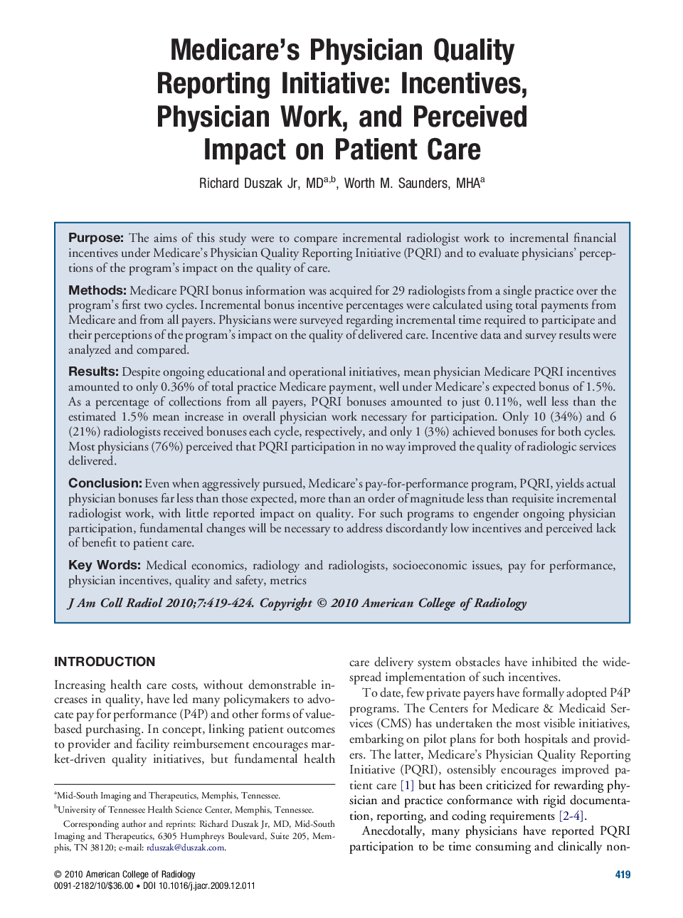 Medicare's Physician Quality Reporting Initiative: Incentives, Physician Work, and Perceived Impact on Patient Care