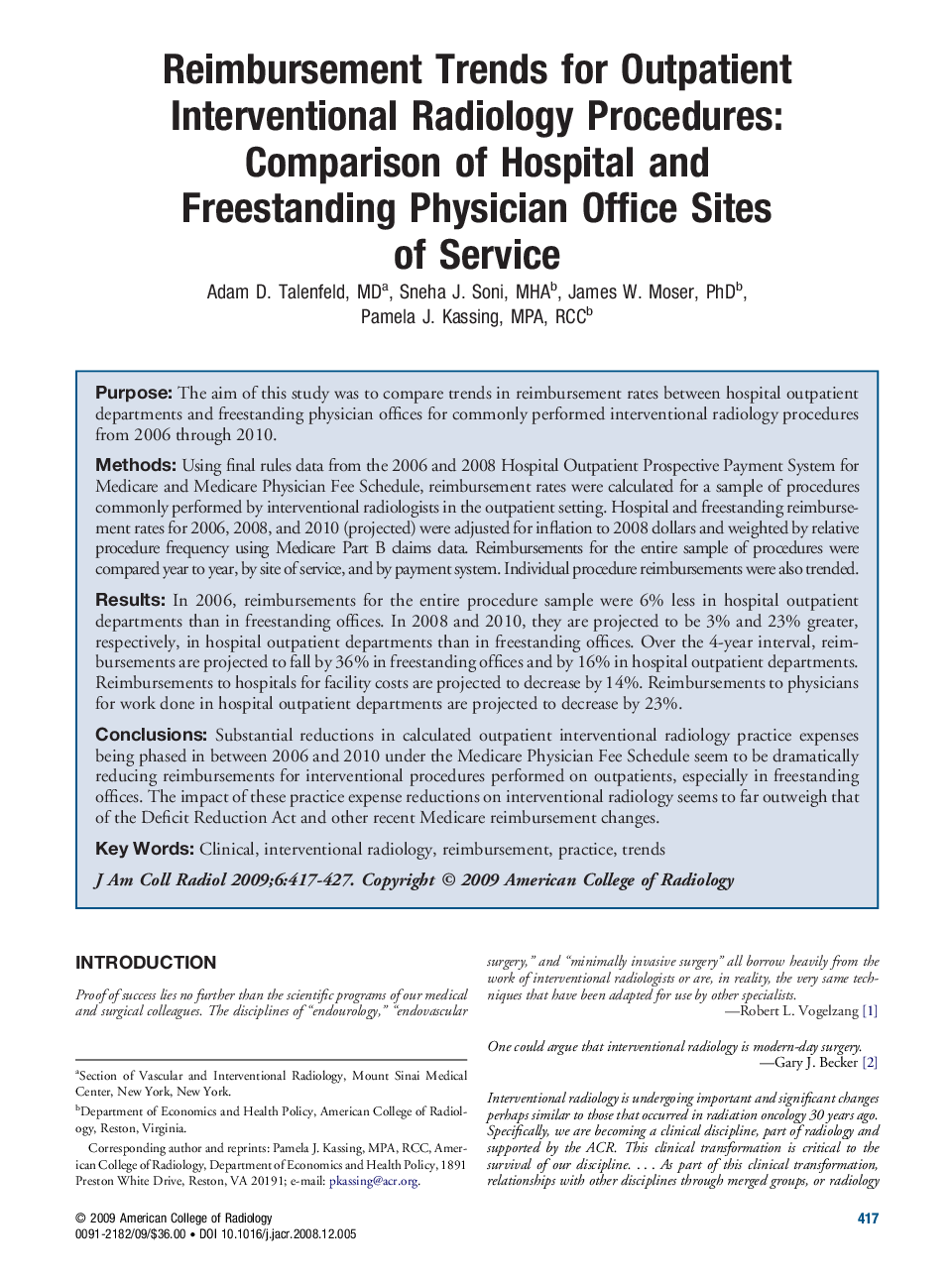 Reimbursement Trends for Outpatient Interventional Radiology Procedures: Comparison of Hospital and Freestanding Physician Office Sites of Service
