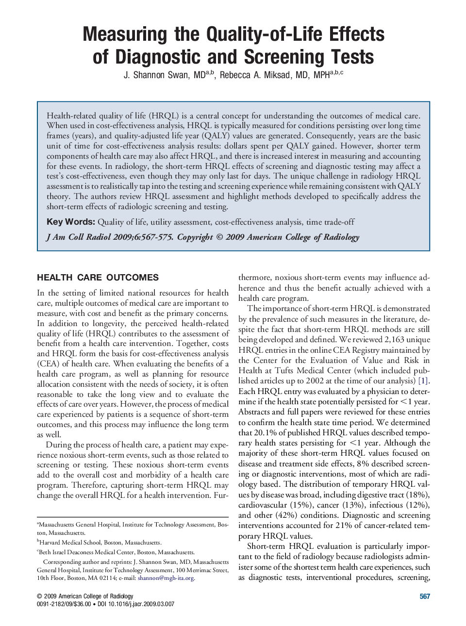 Measuring the Quality-of-Life Effects of Diagnostic and Screening Tests