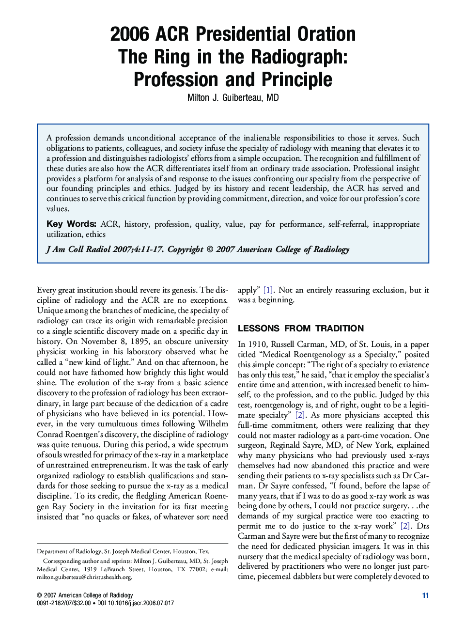 2006 ACR Presidential Oration The Ring in the Radiograph: Profession and Principle