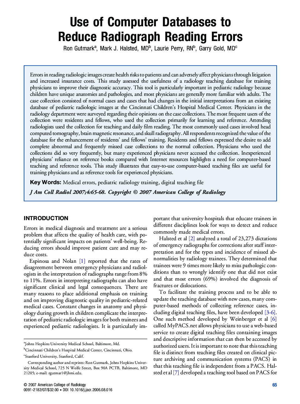 Use of Computer Databases to Reduce Radiograph Reading Errors