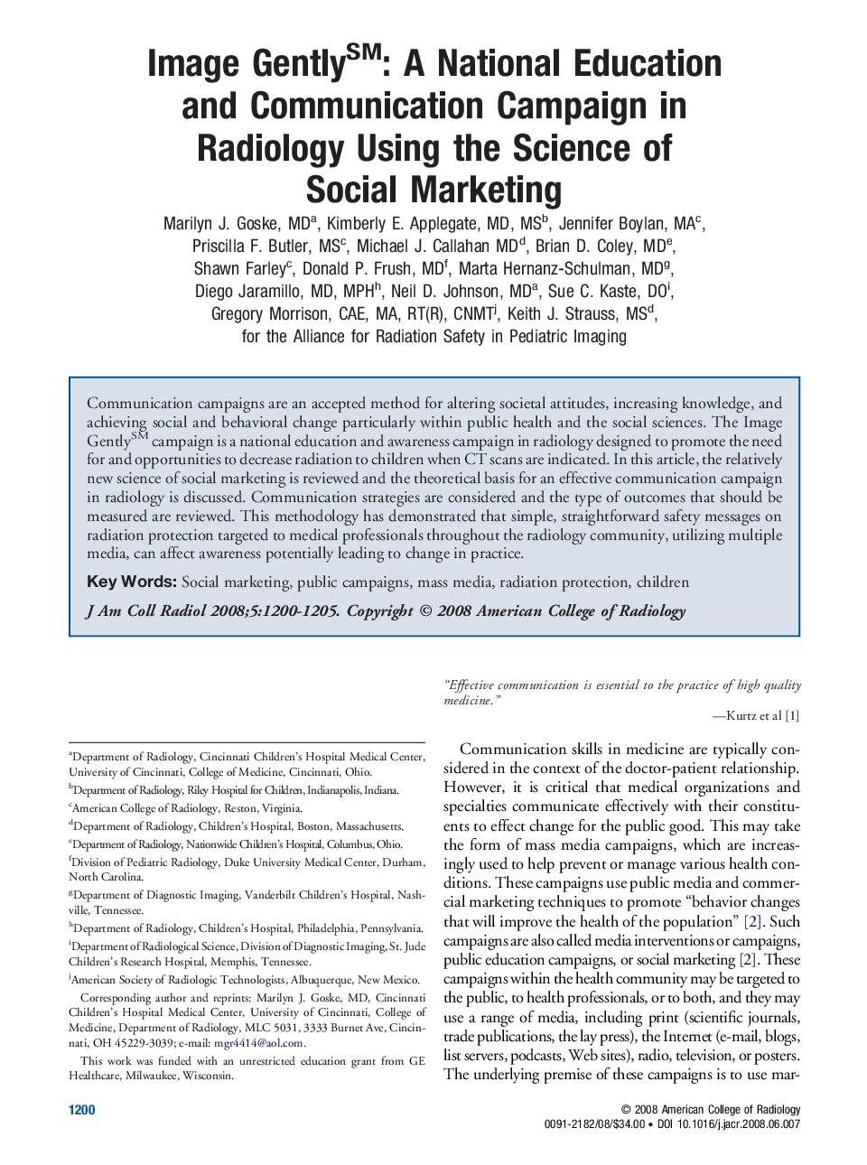 Image GentlySM: A National Education and Communication Campaign in Radiology Using the Science of Social Marketing