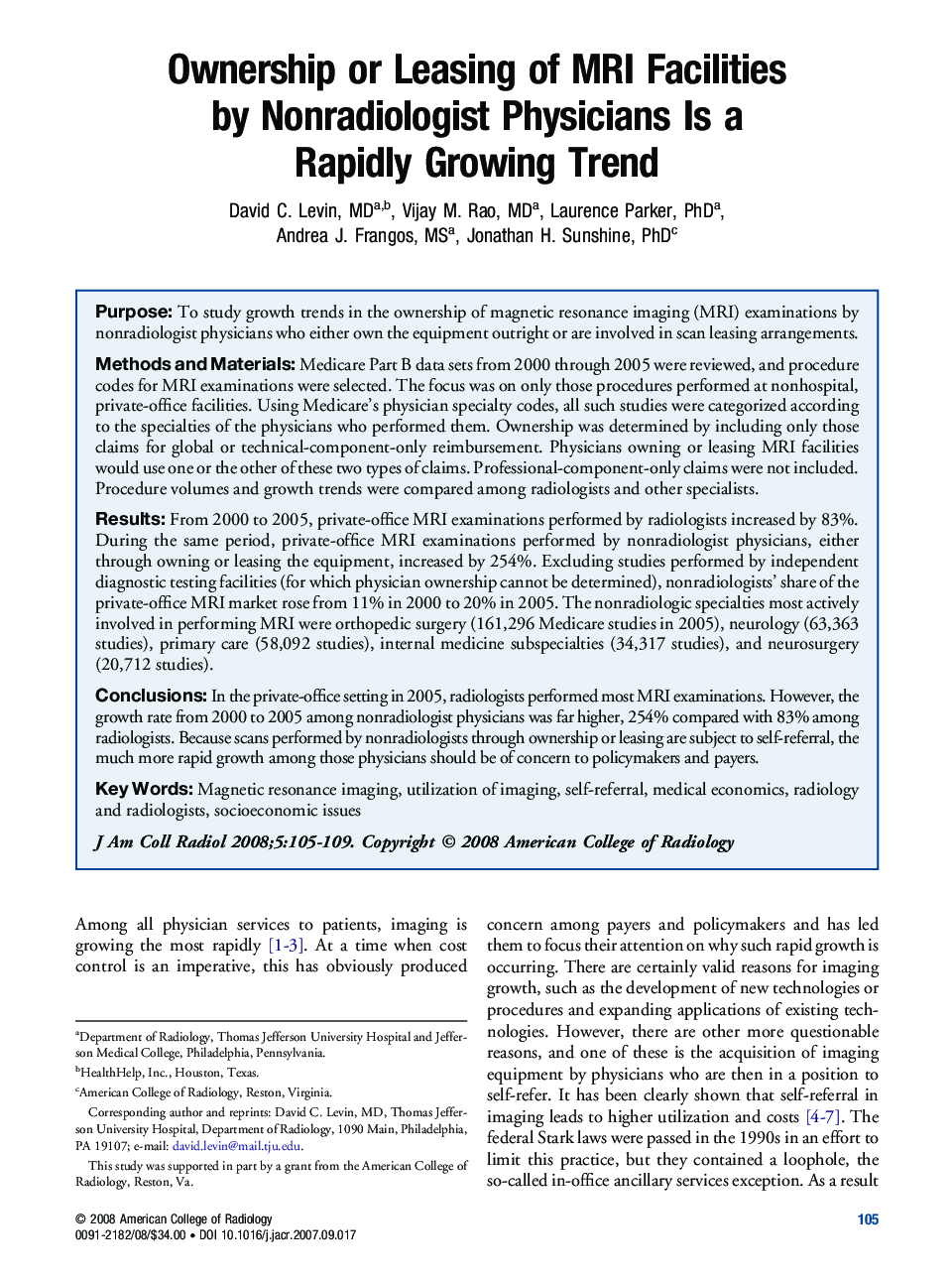 Ownership or Leasing of MRI Facilities by Nonradiologist Physicians Is a Rapidly Growing Trend