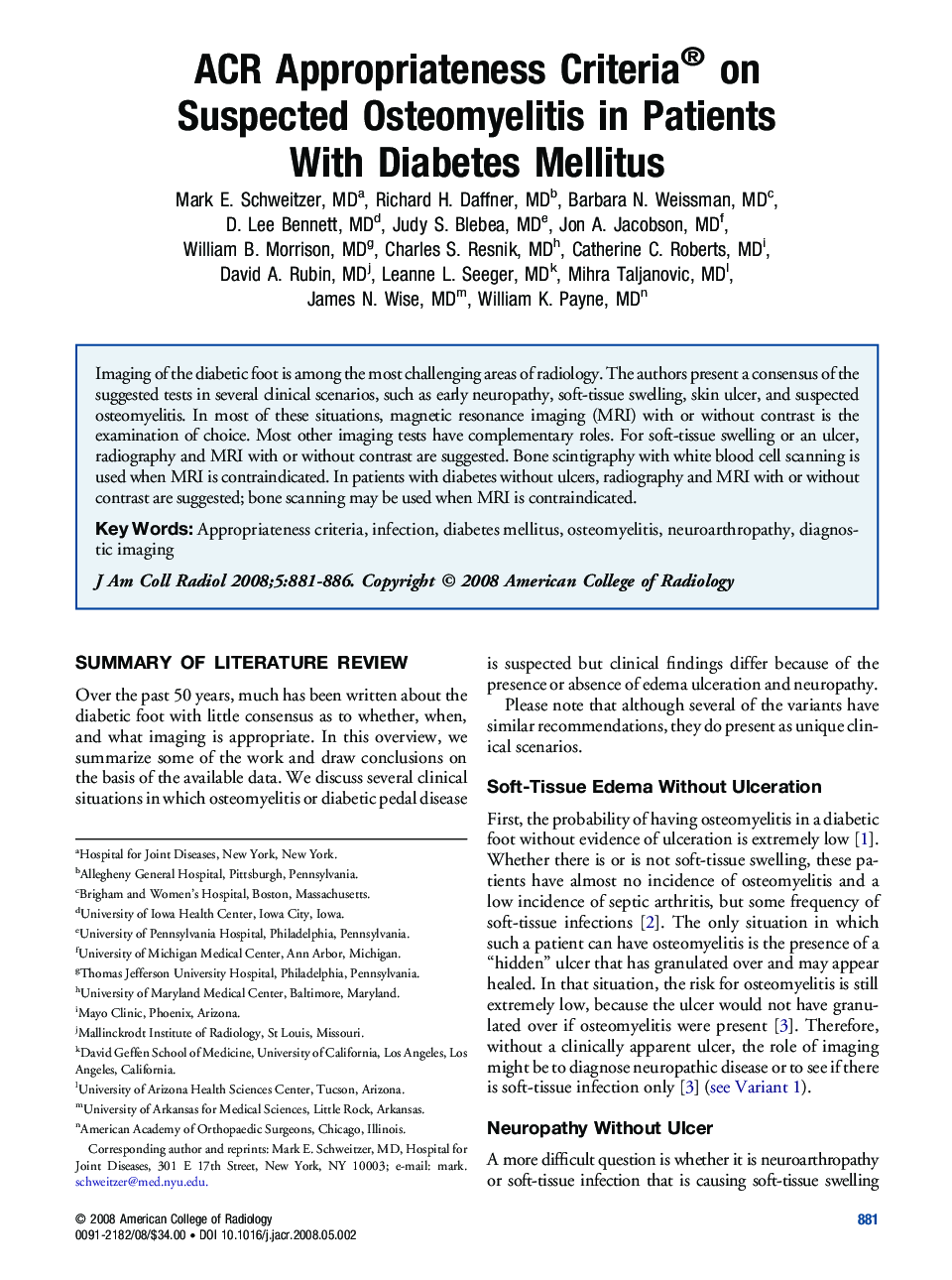 ACR Appropriateness Criteria® on Suspected Osteomyelitis in Patients With Diabetes Mellitus