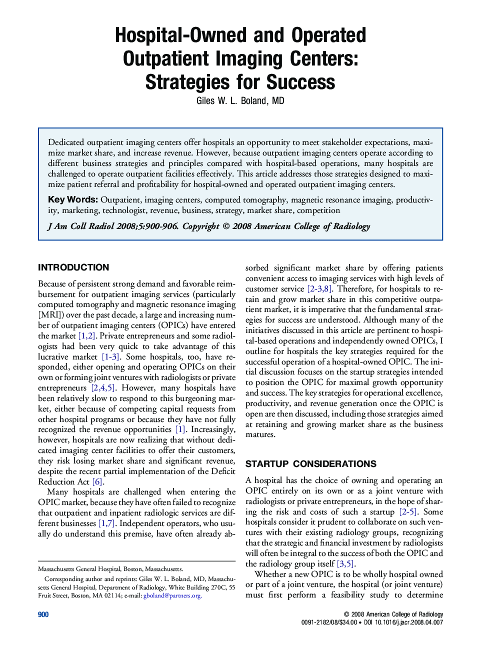 Hospital-Owned and Operated Outpatient Imaging Centers: Strategies for Success