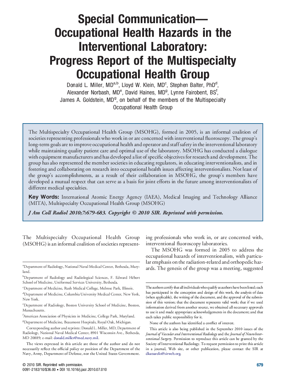 Special Communication- Occupational Health Hazards in the Interventional Laboratory: Progress Report of the Multispecialty Occupational Health Group