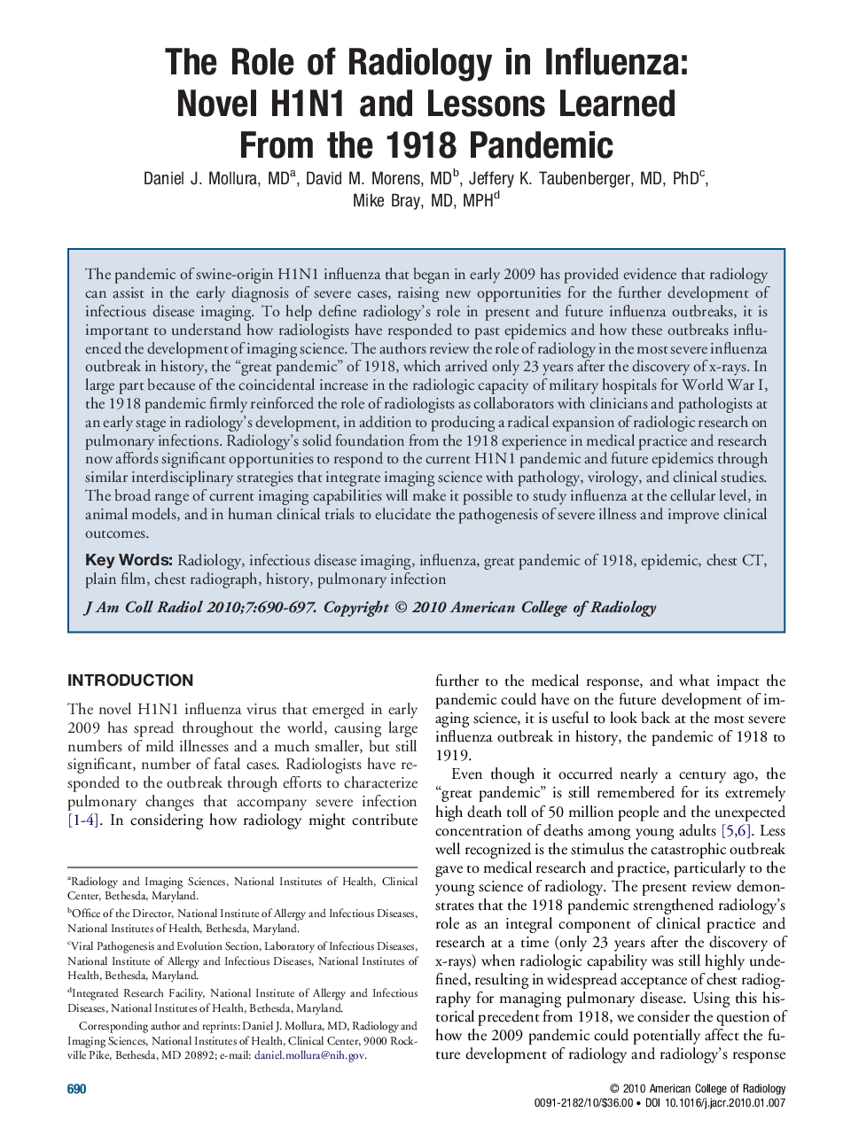 The Role of Radiology in Influenza: Novel H1N1 and Lessons Learned From the 1918 Pandemic