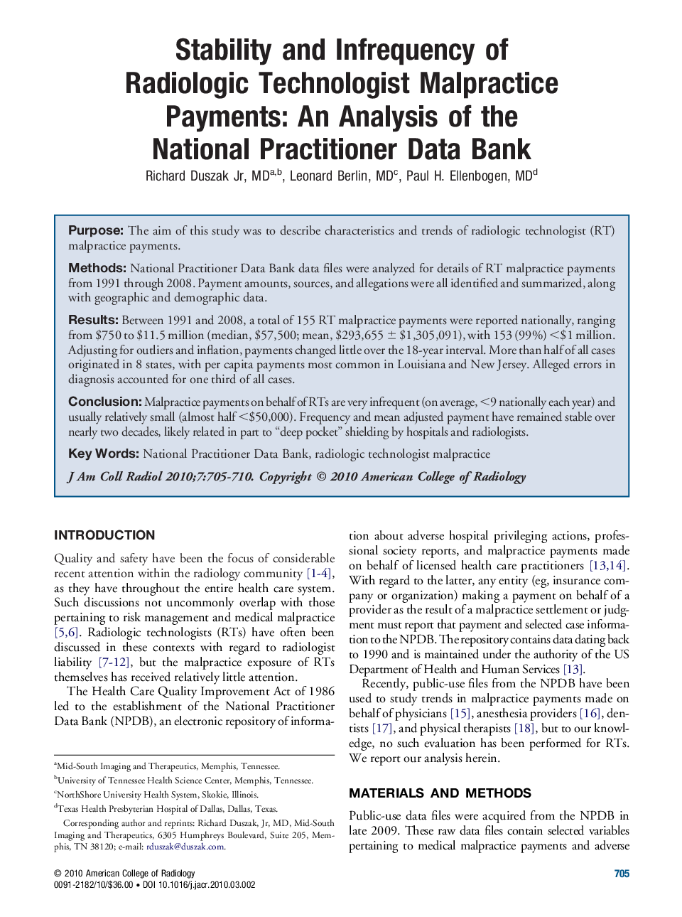 Stability and Infrequency of Radiologic Technologist Malpractice Payments: An Analysis of the National Practitioner Data Bank