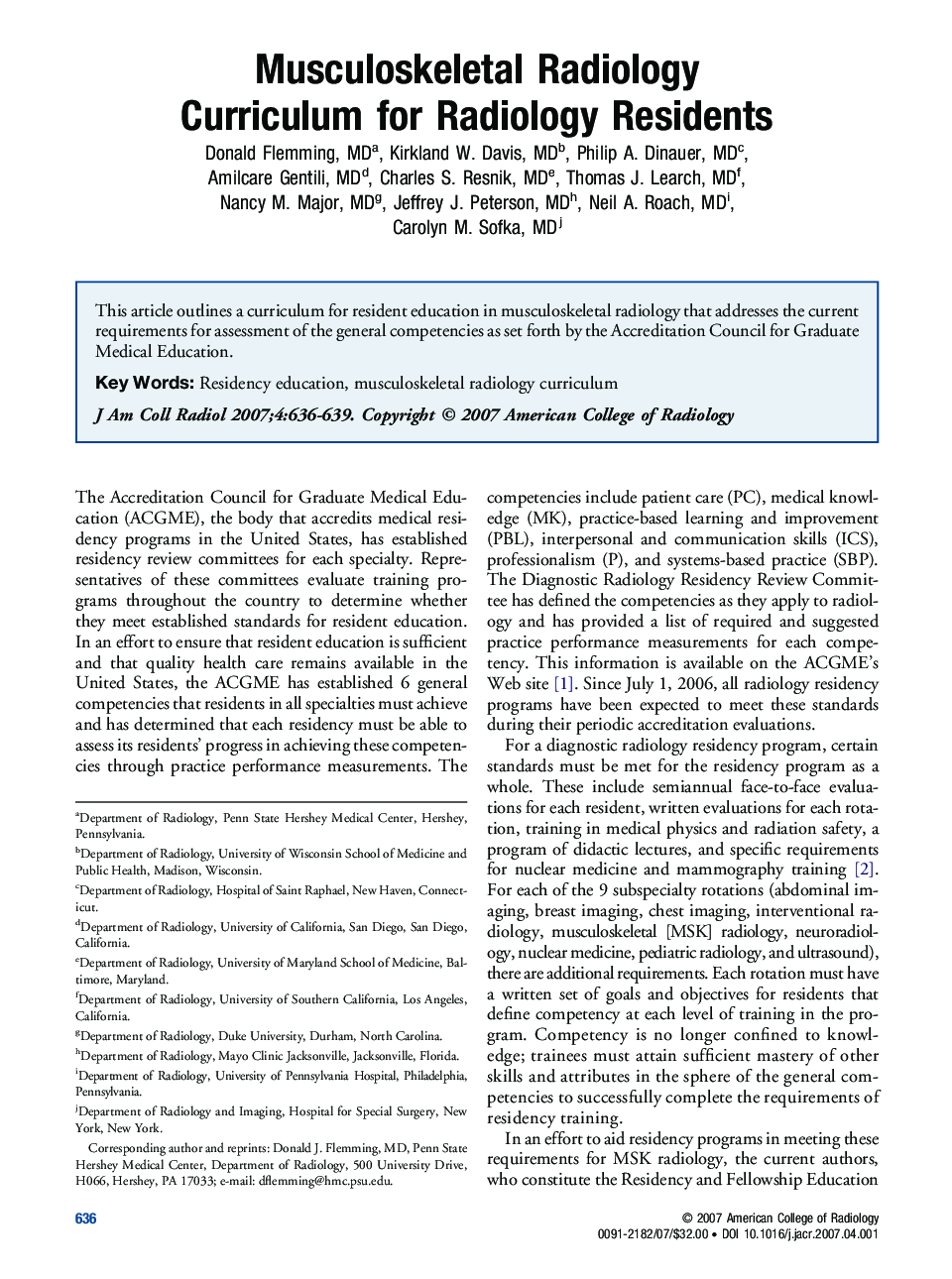 Musculoskeletal Radiology Curriculum for Radiology Residents