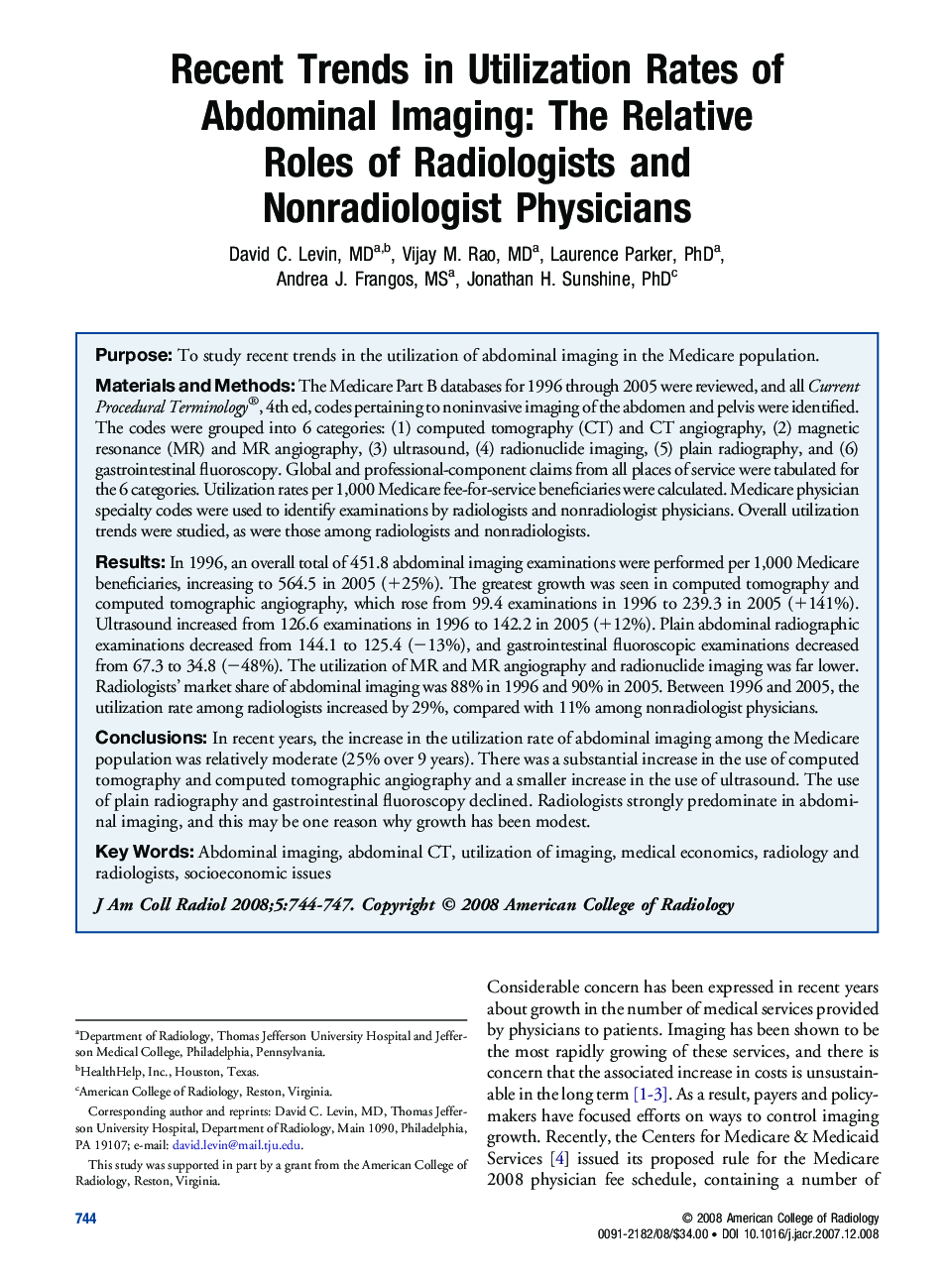 Recent Trends in Utilization Rates of Abdominal Imaging: The Relative Roles of Radiologists and Nonradiologist Physicians