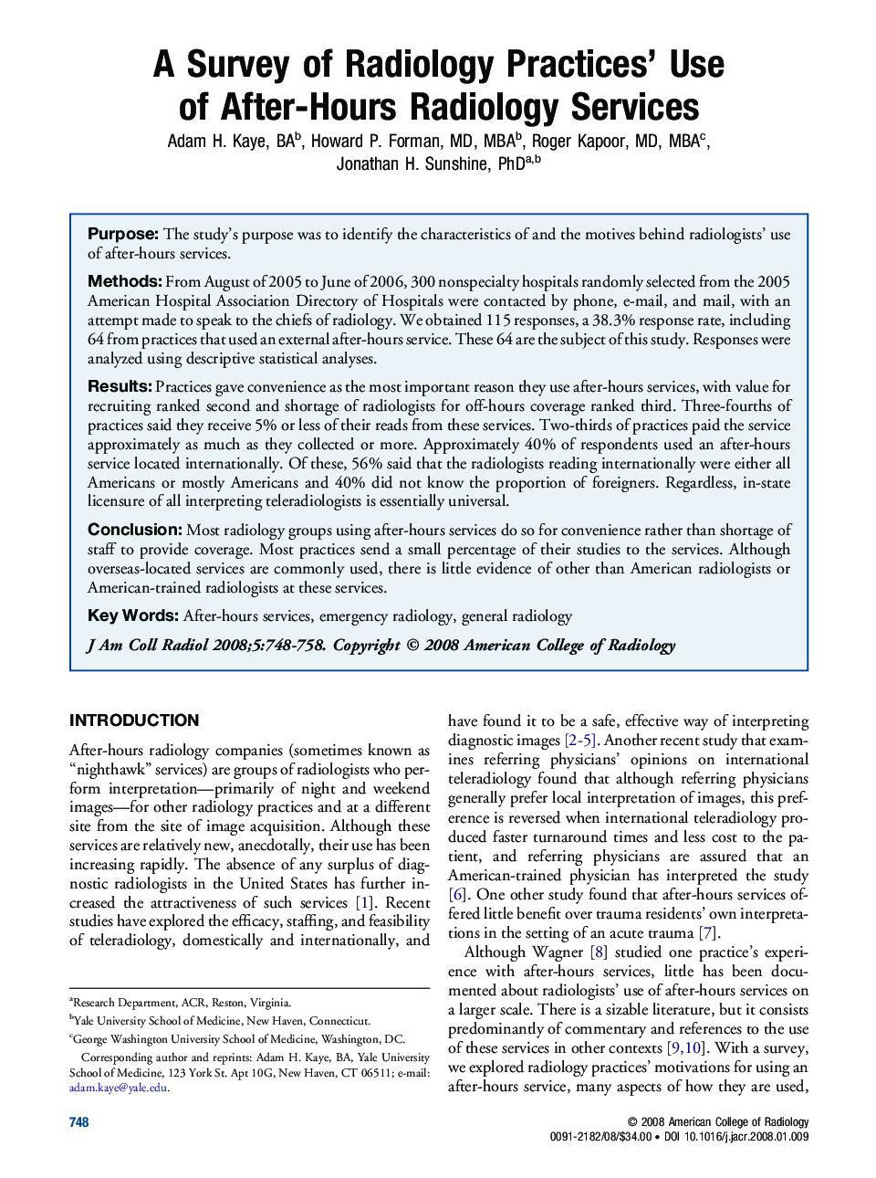 A Survey of Radiology Practices' Use of After-Hours Radiology Services