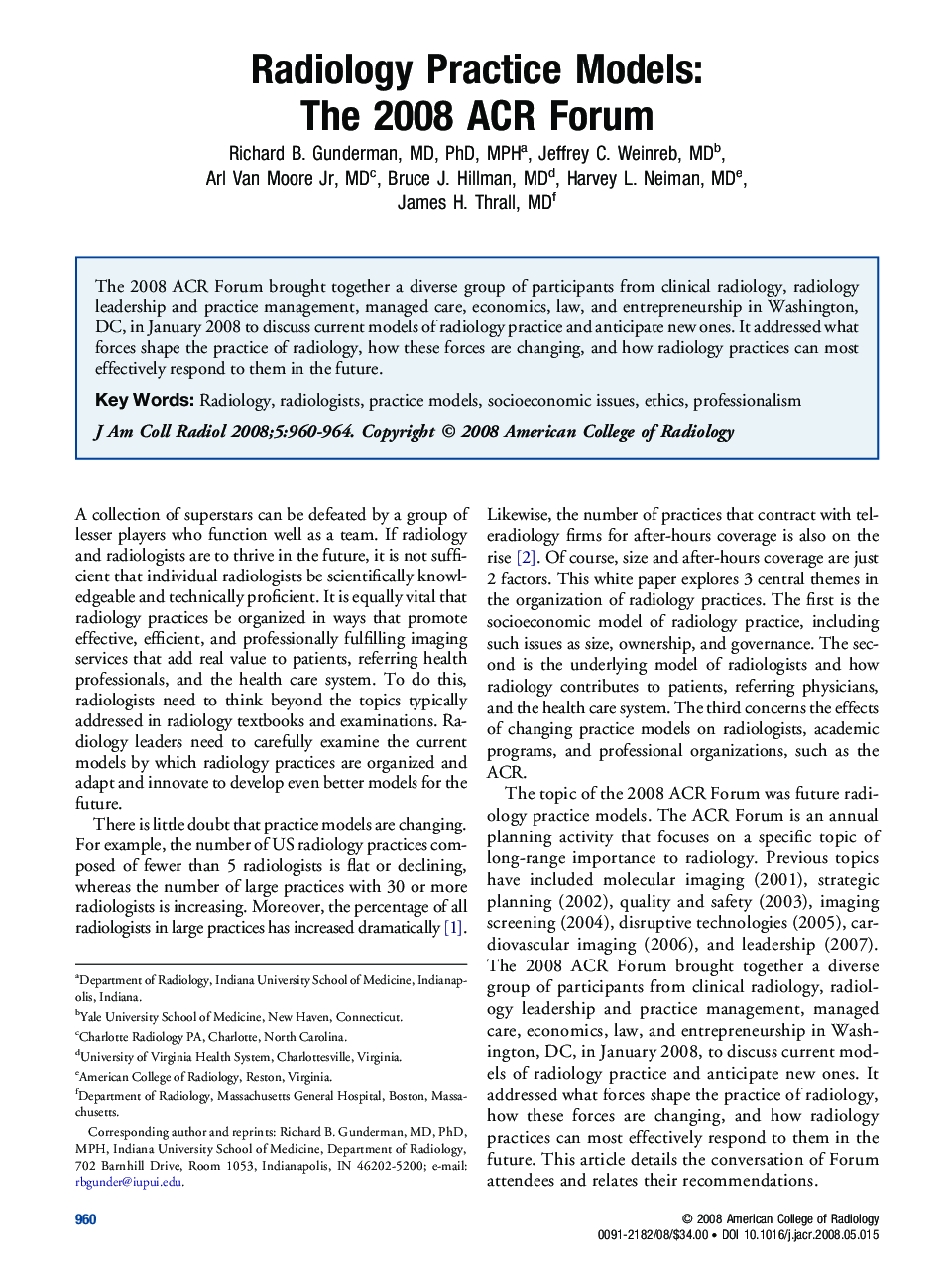 عکس صفحه اول مقاله: Radiology Practice Models: The 2008 ACR Forum Radiology Practice Models: The 2008 ACR Forum