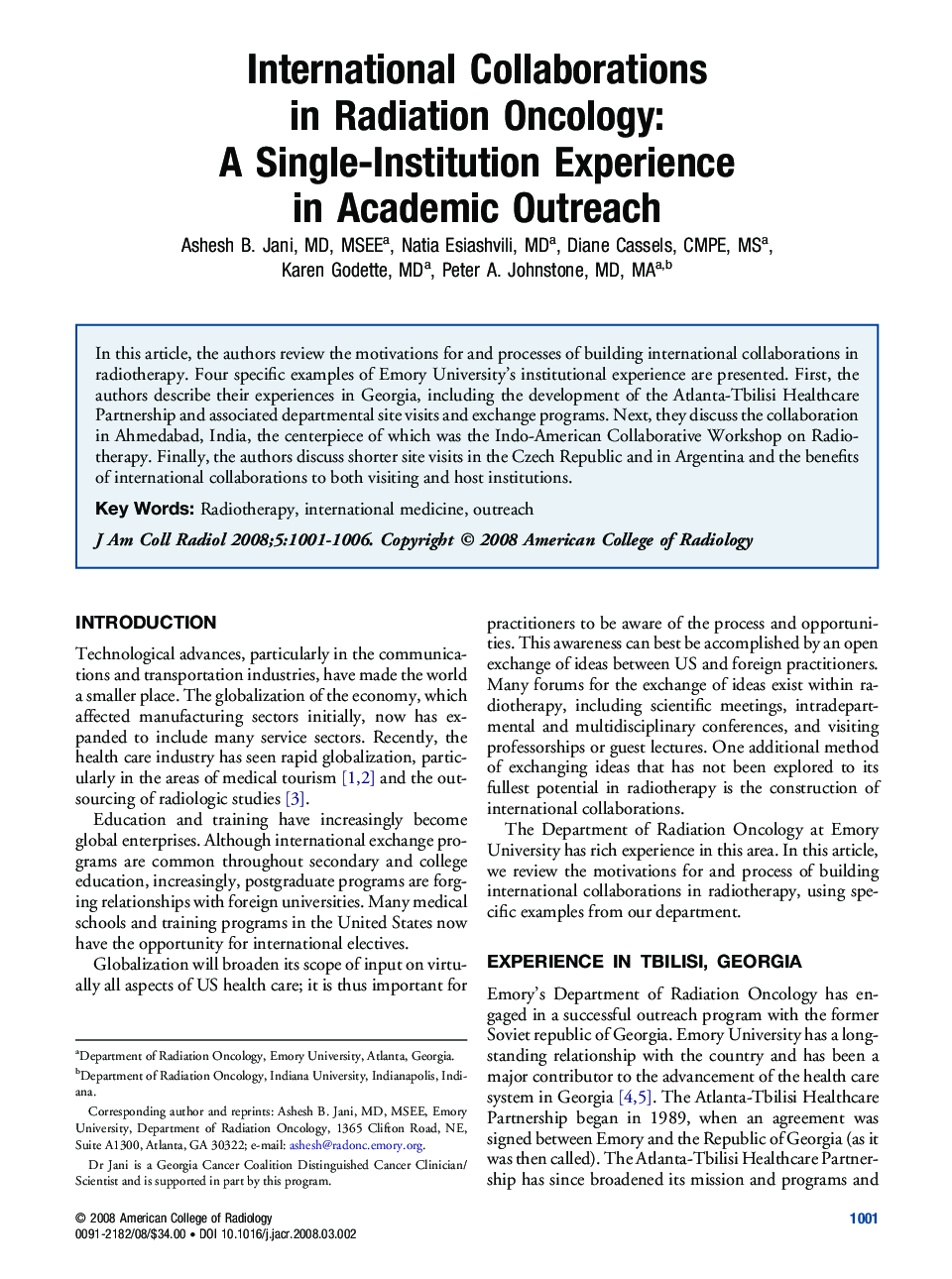 International Collaborations in Radiation Oncology: A Single-Institution Experience in Academic Outreach