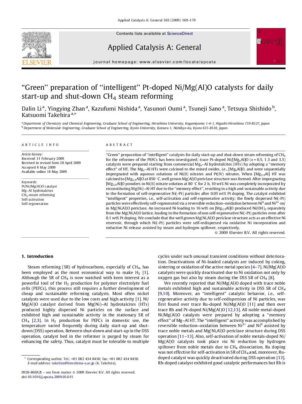 “Green” preparation of “intelligent” Pt-doped Ni/Mg(Al)O catalysts for daily start-up and shut-down CH4 steam reforming