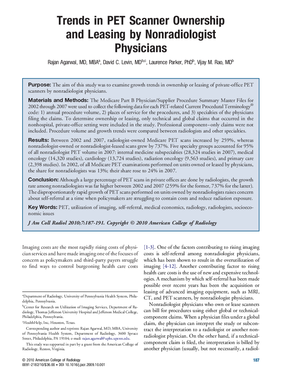 Trends in PET Scanner Ownership and Leasing by Nonradiologist Physicians