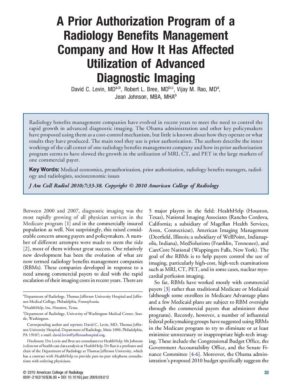 A Prior Authorization Program of a Radiology Benefits Management Company and How It Has Affected Utilization of Advanced Diagnostic Imaging