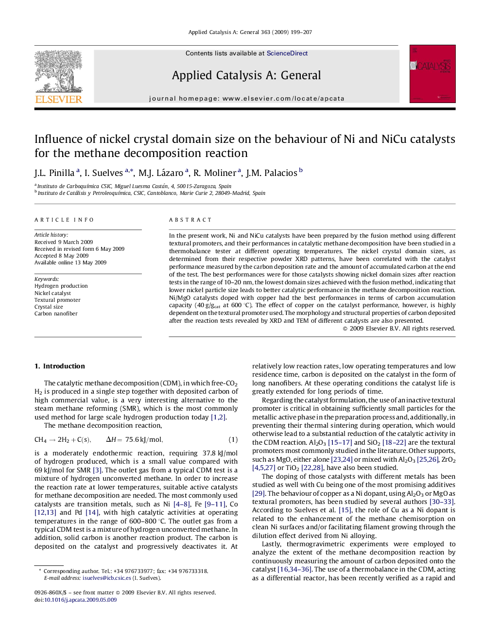 Influence of nickel crystal domain size on the behaviour of Ni and NiCu catalysts for the methane decomposition reaction