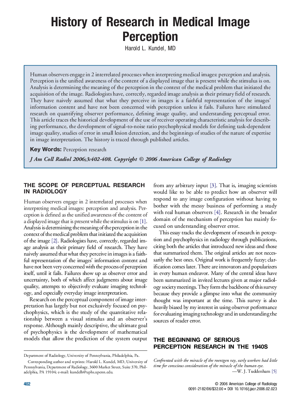 History of Research in Medical Image Perception