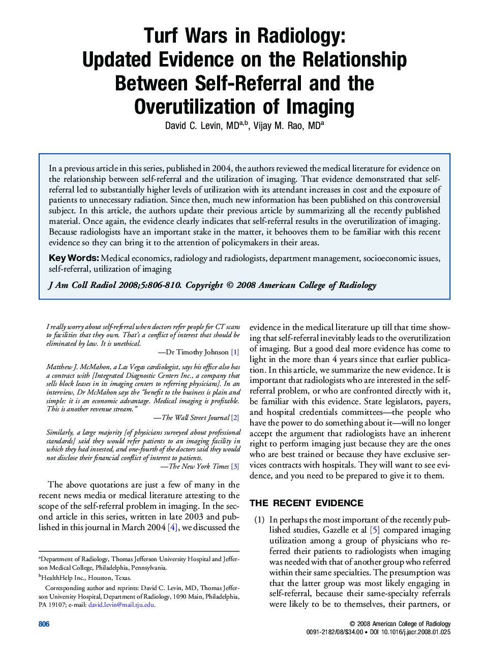 Turf Wars in Radiology: Updated Evidence on the Relationship Between Self-Referral and the Overutilization of Imaging