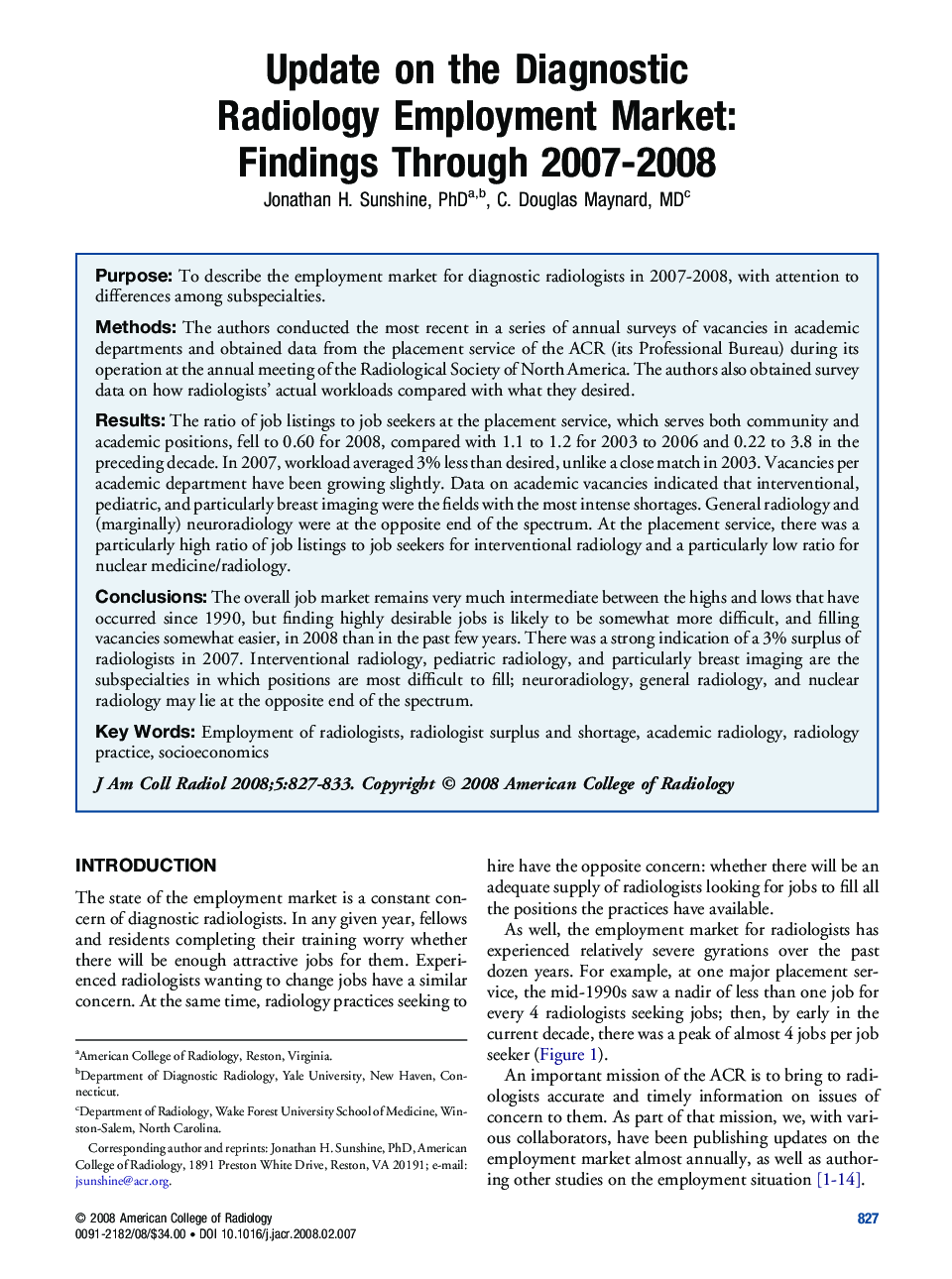 Update on the Diagnostic Radiology Employment Market: Findings Through 2007-2008