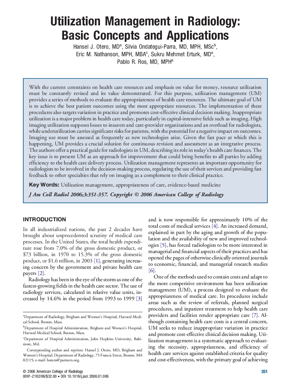 Utilization Management in Radiology: Basic Concepts and Applications